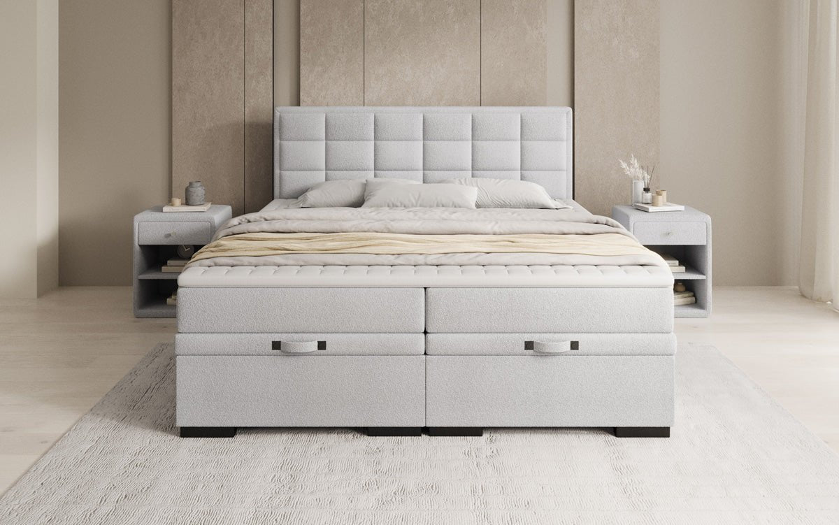 Boxspring posteľ Alessia s úložným priestorom v Teddy Bouclé