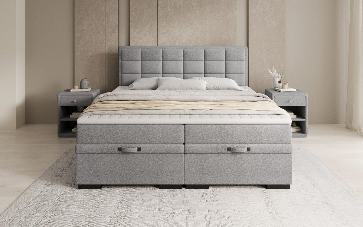 Boxspring posteľ Alessia s úložným priestorom v Teddy Bouclé