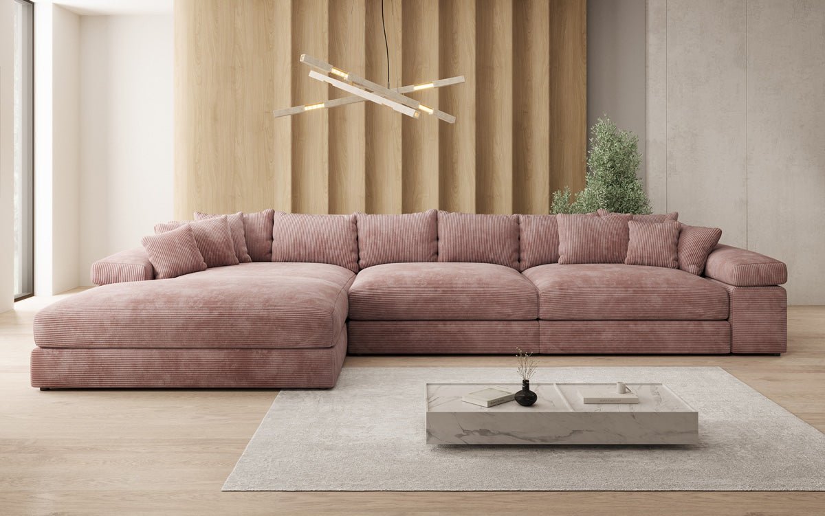 Dizajnová pohovka Bernardo L Maxi s širokou otománou z mančestra