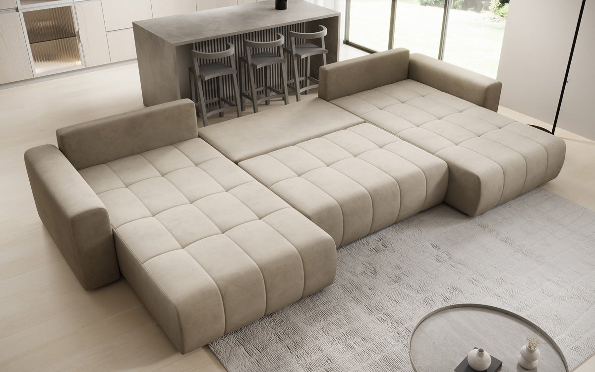 Dizajnová pohovka Leveno U s rozkladacou a sklápacou funkciou v semiši