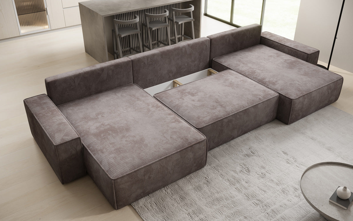Designer Sofa Lunaro U mit Schlaffunktion und Stauraum in Cord
