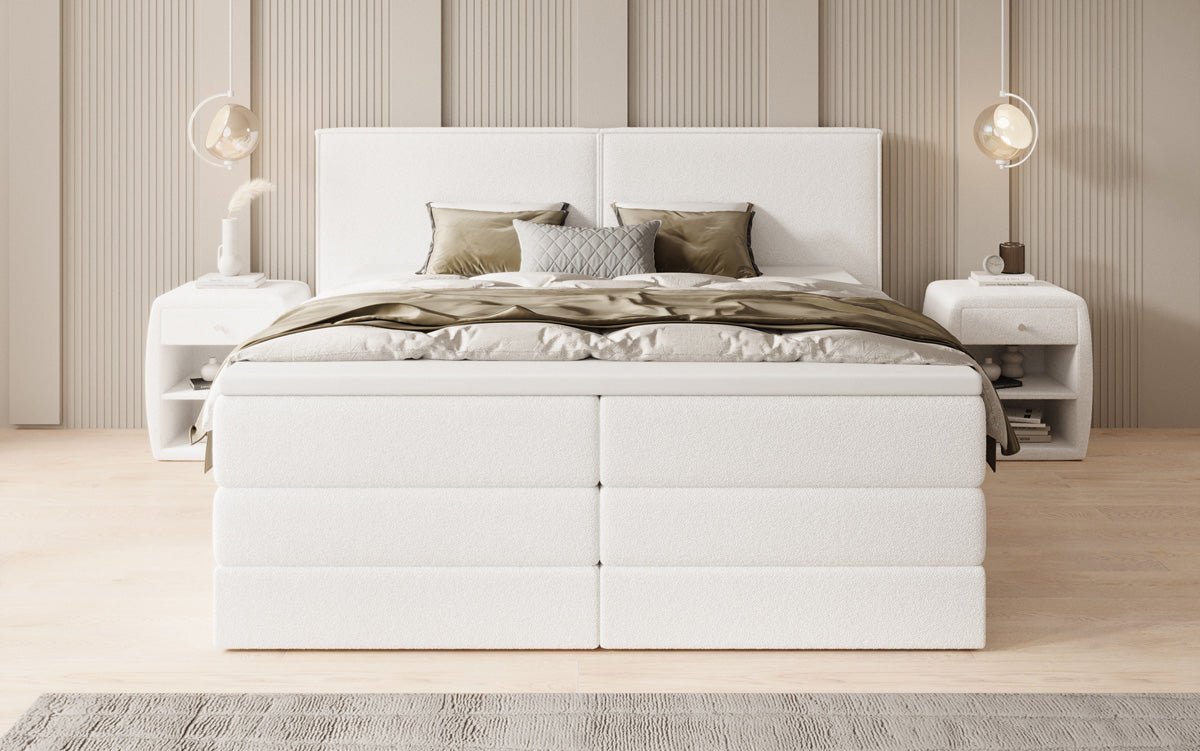 Boxspring posteľ Ophelia s vysoko zdvíhateľným úložným priestorom v Teddy Bouclé