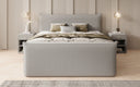 Boxspring posteľ Liana II s vysoko zdvíhateľným úložným priestorom v Teddy Bouclé