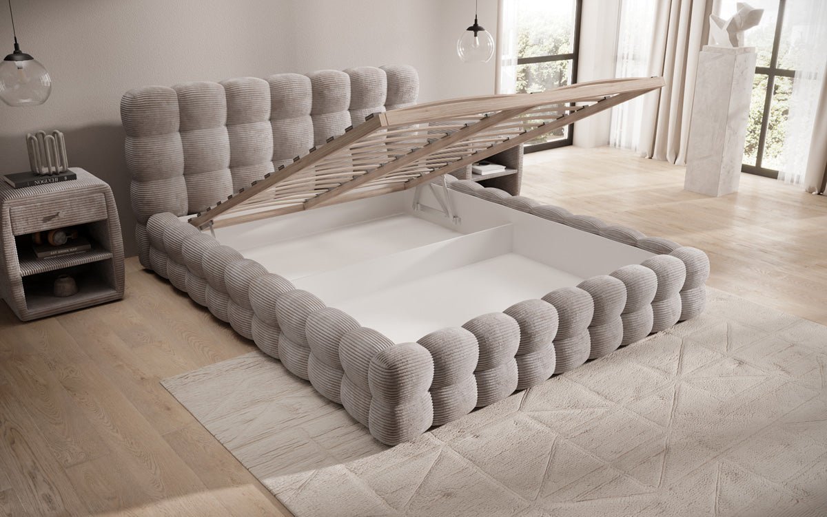 Dizajnová čalúnená posteľ Calimo z mančestra s úložným priestorom