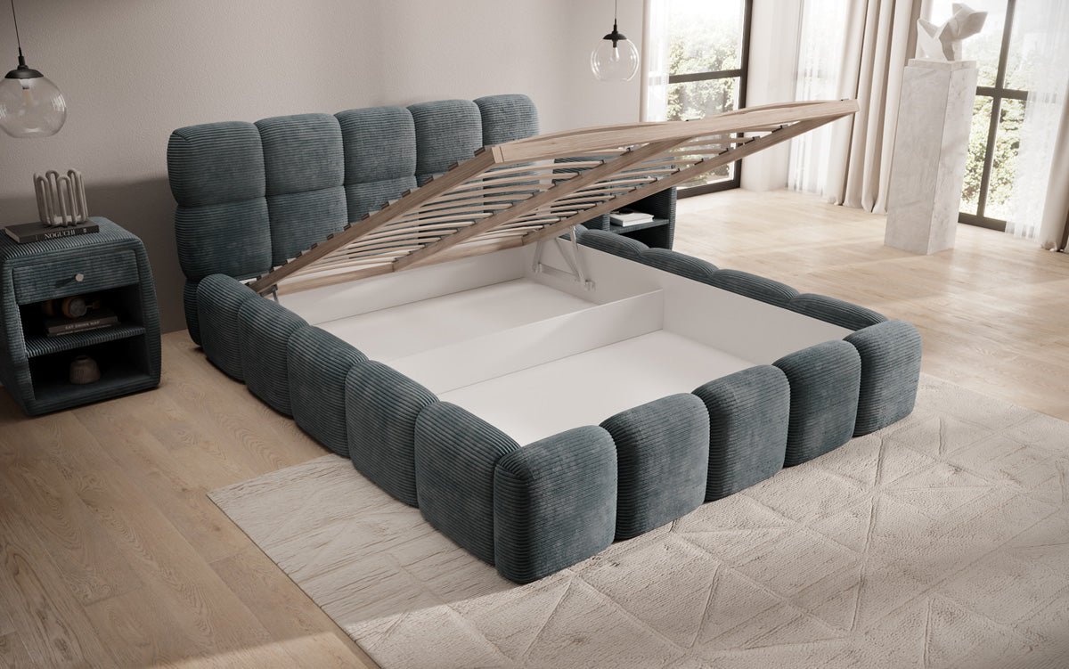 Dizajnová čalúnená posteľ Noeva z mančestra s úložným priestorom