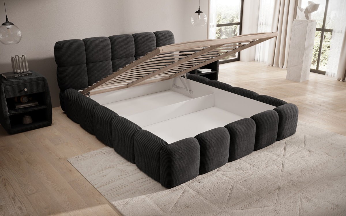 Dizajnová čalúnená posteľ Noeva z mančestra s úložným priestorom