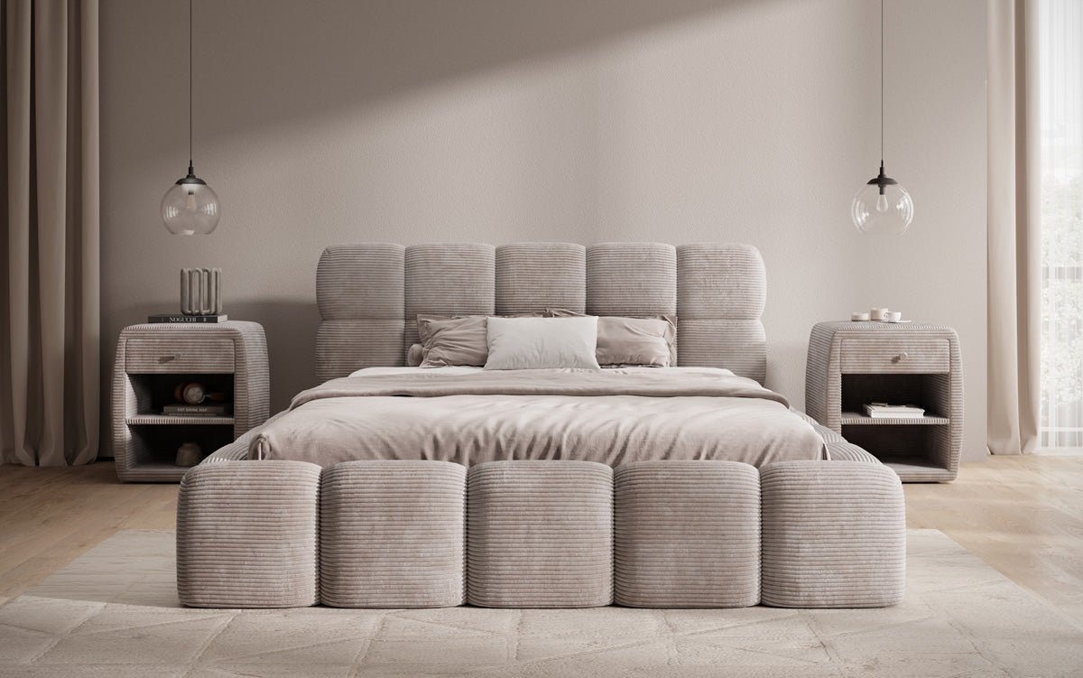 Dizajnová čalúnená posteľ Noeva z mančestra s úložným priestorom