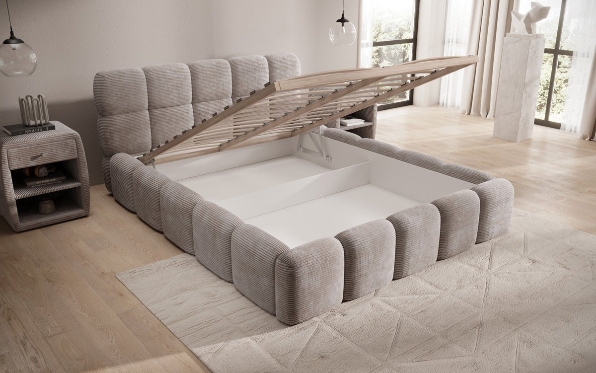 Dizajnová čalúnená posteľ Noeva z mančestra s úložným priestorom