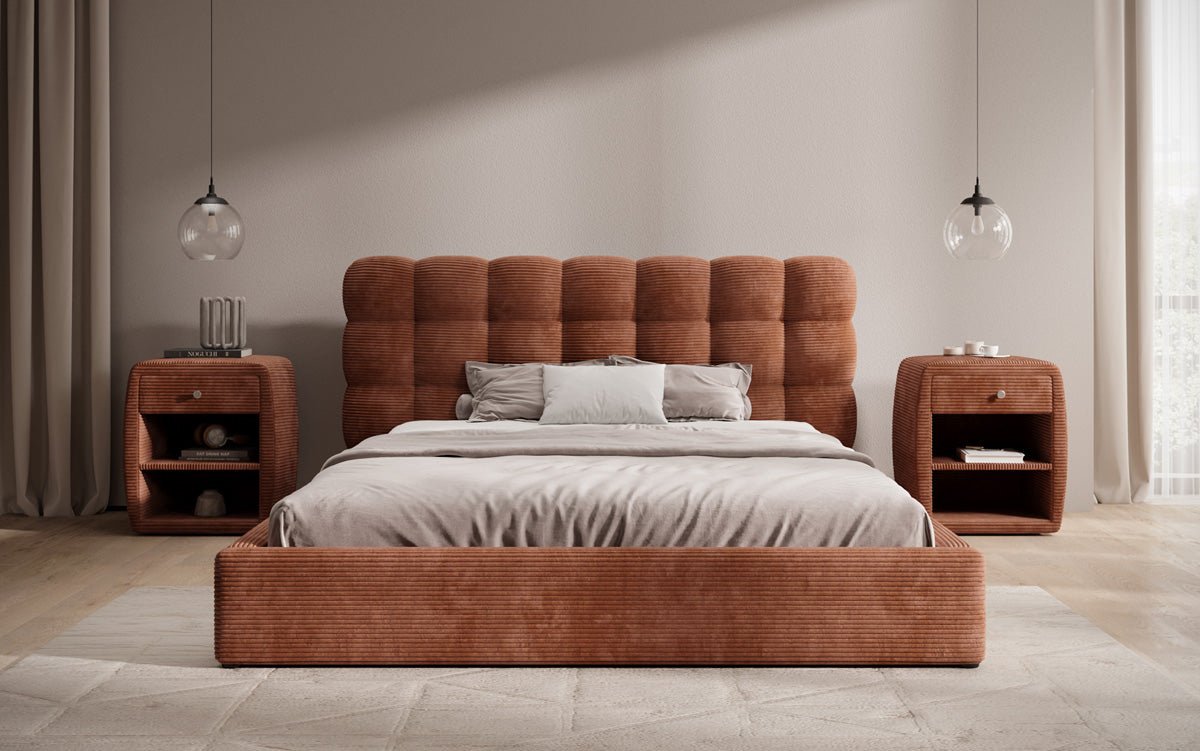 Designer Polsterbett Calivo in Cord mit Stauraum