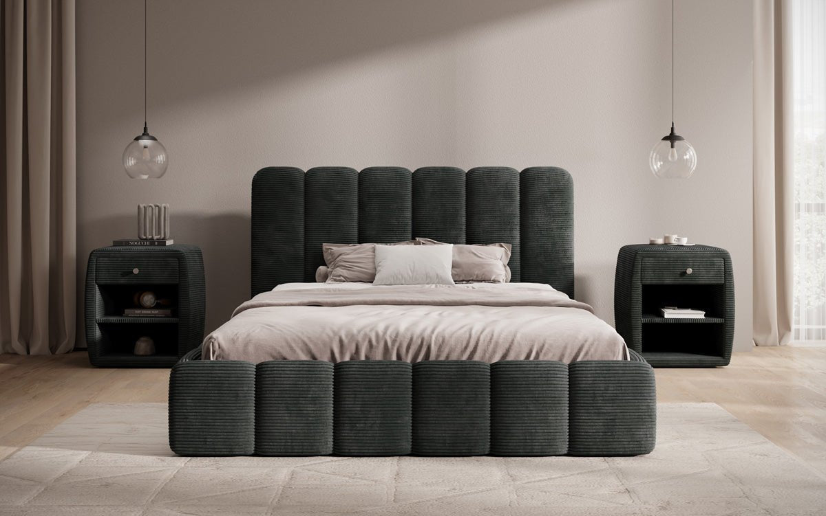 Dizajnová čalúnená posteľ Velaro z mančestra s úložným priestorom