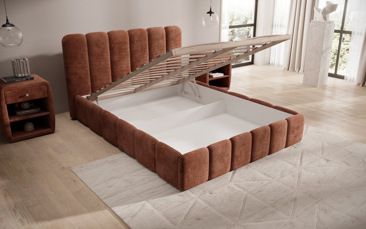 Dizajnová čalúnená posteľ Velaro z mančestra s úložným priestorom