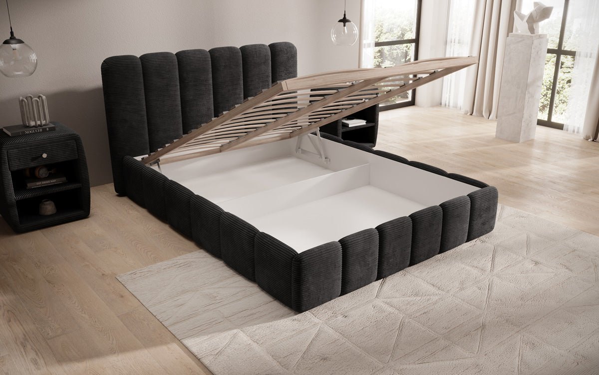 Dizajnová čalúnená posteľ Velaro z mančestra s úložným priestorom