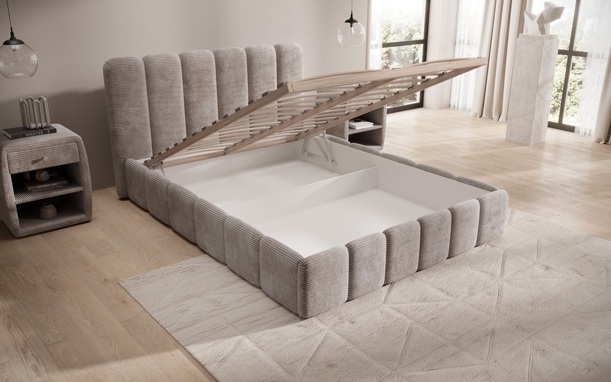 Dizajnová čalúnená posteľ Velaro z mančestra s úložným priestorom