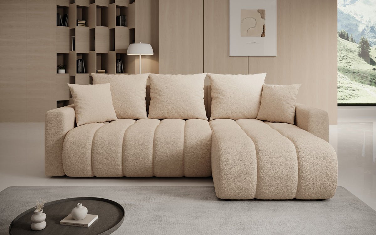 Dizajnová pohovka Giulio L s rozkladacou a sklápacou funkciou v bouclé