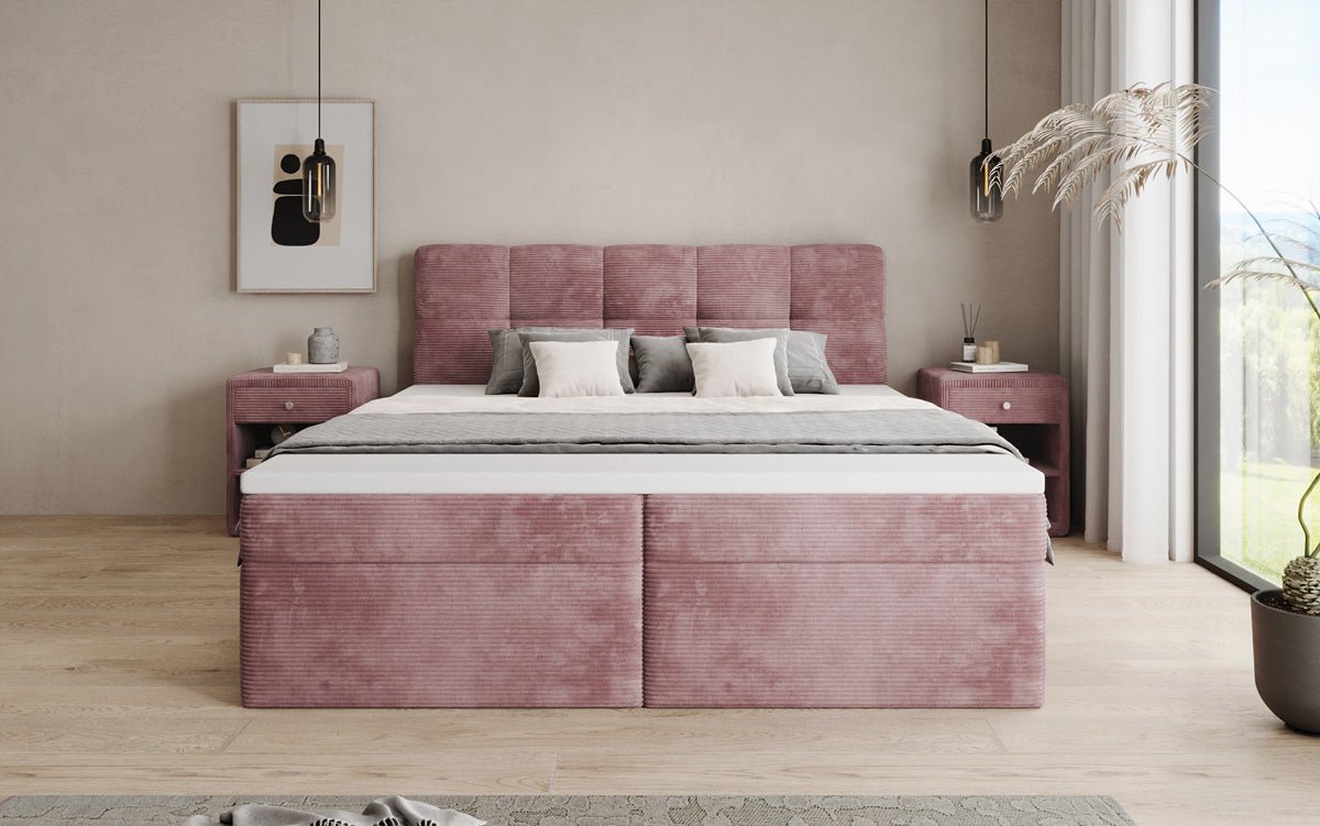 Boxspringová posteľ Cozy II v poťahu z látky Mančester s úložným priestorom