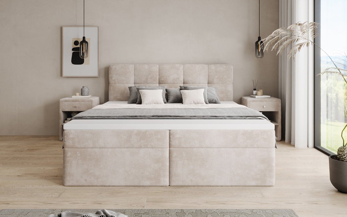 Boxspringová posteľ Cozy II v poťahu z látky Mančester s úložným priestorom