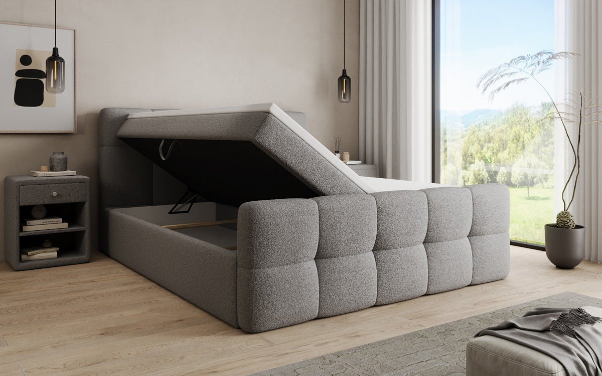Boxspringbett Cozy in Teddy Bouclé mit Stauraum