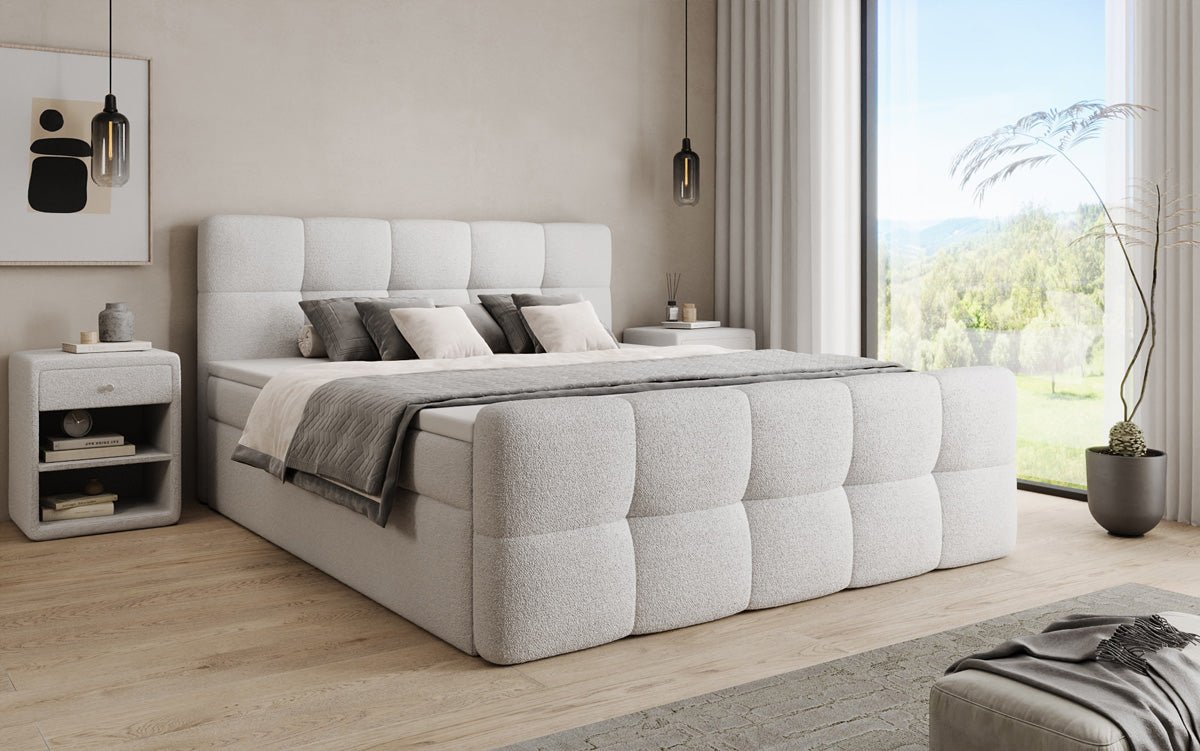 Boxspringová posteľ Cozy v medvedom bouclé s úložným priestorom