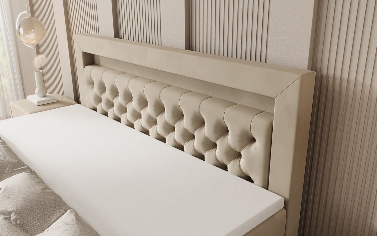 Boxspring posteľ Menzogna s efektom vznášania a LED osvetlením v zamate