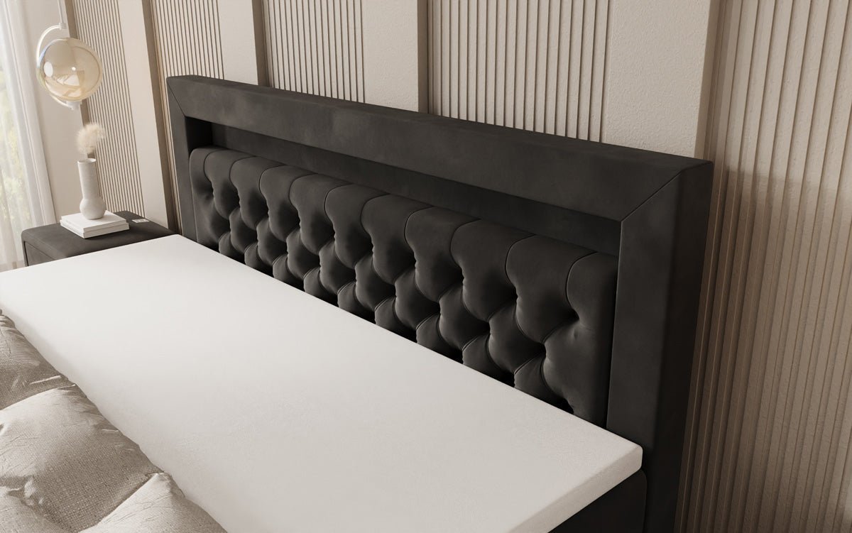 Boxspring posteľ Menzogna s efektom vznášania a LED osvetlením v zamate