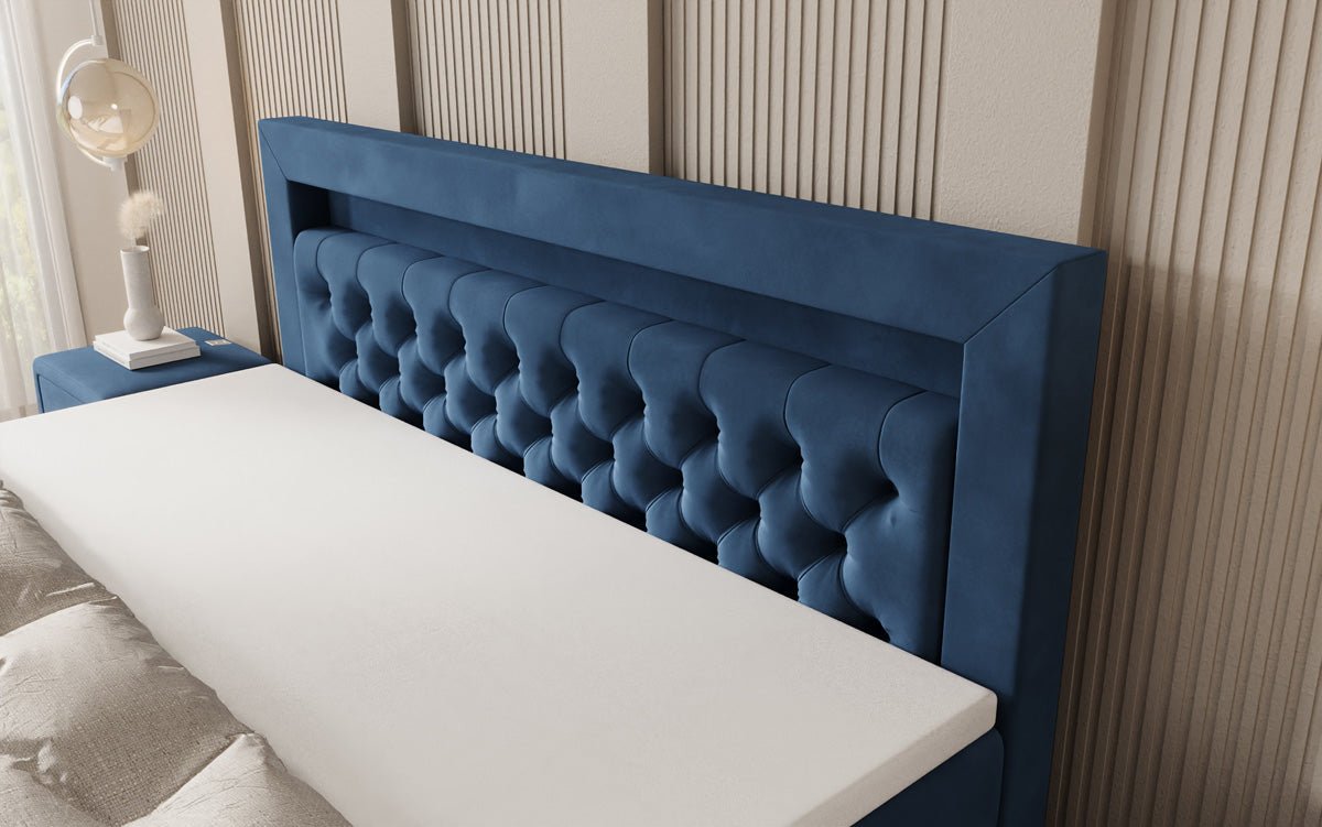 Boxspring posteľ Menzogna s efektom vznášania a LED osvetlením v zamate