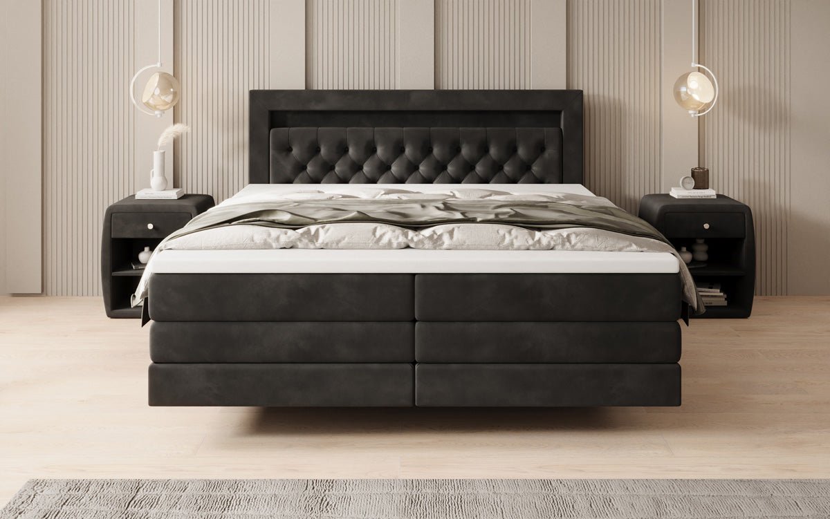 Boxspring posteľ Menzogna s efektom vznášania a LED osvetlením v zamate