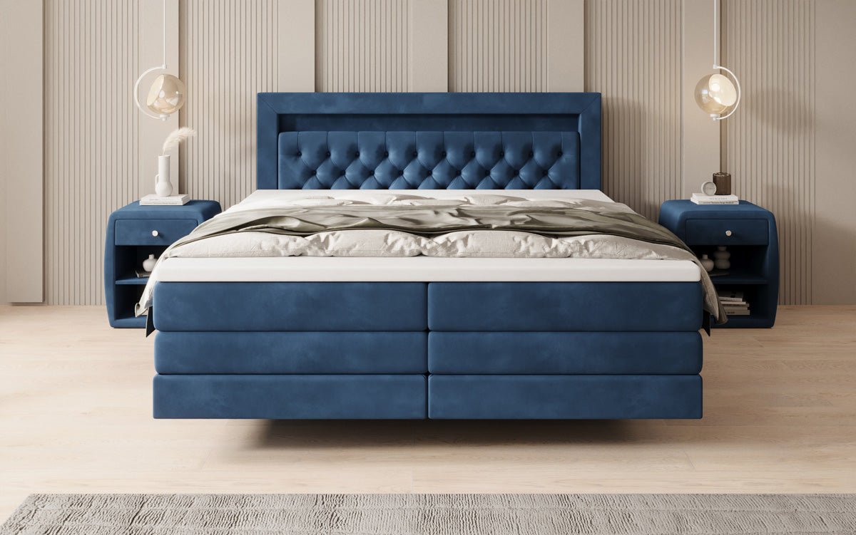 Boxspring posteľ Menzogna s efektom vznášania a LED osvetlením v zamate