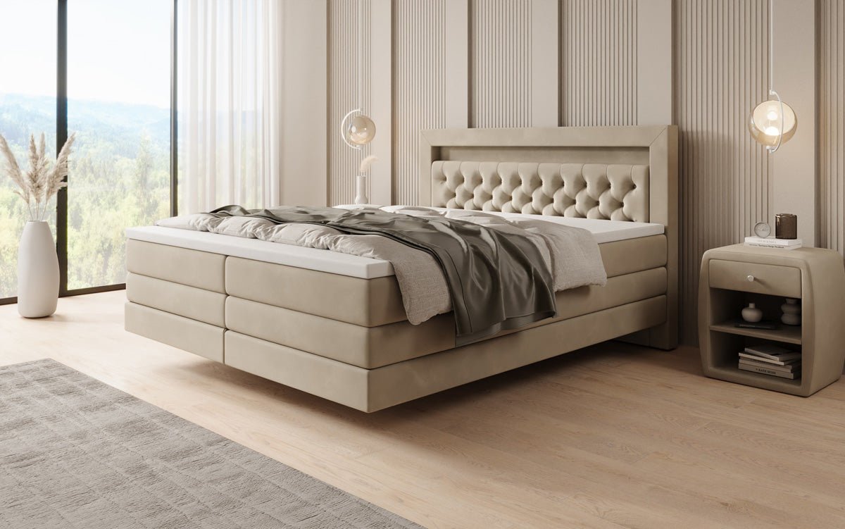 Boxspring posteľ Menzogna s efektom vznášania a LED osvetlením v zamate