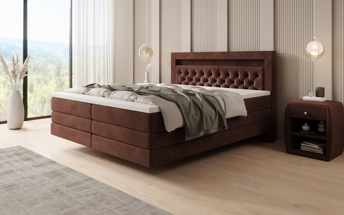 Boxspring posteľ Menzogna s efektom vznášania a LED osvetlením v zamate