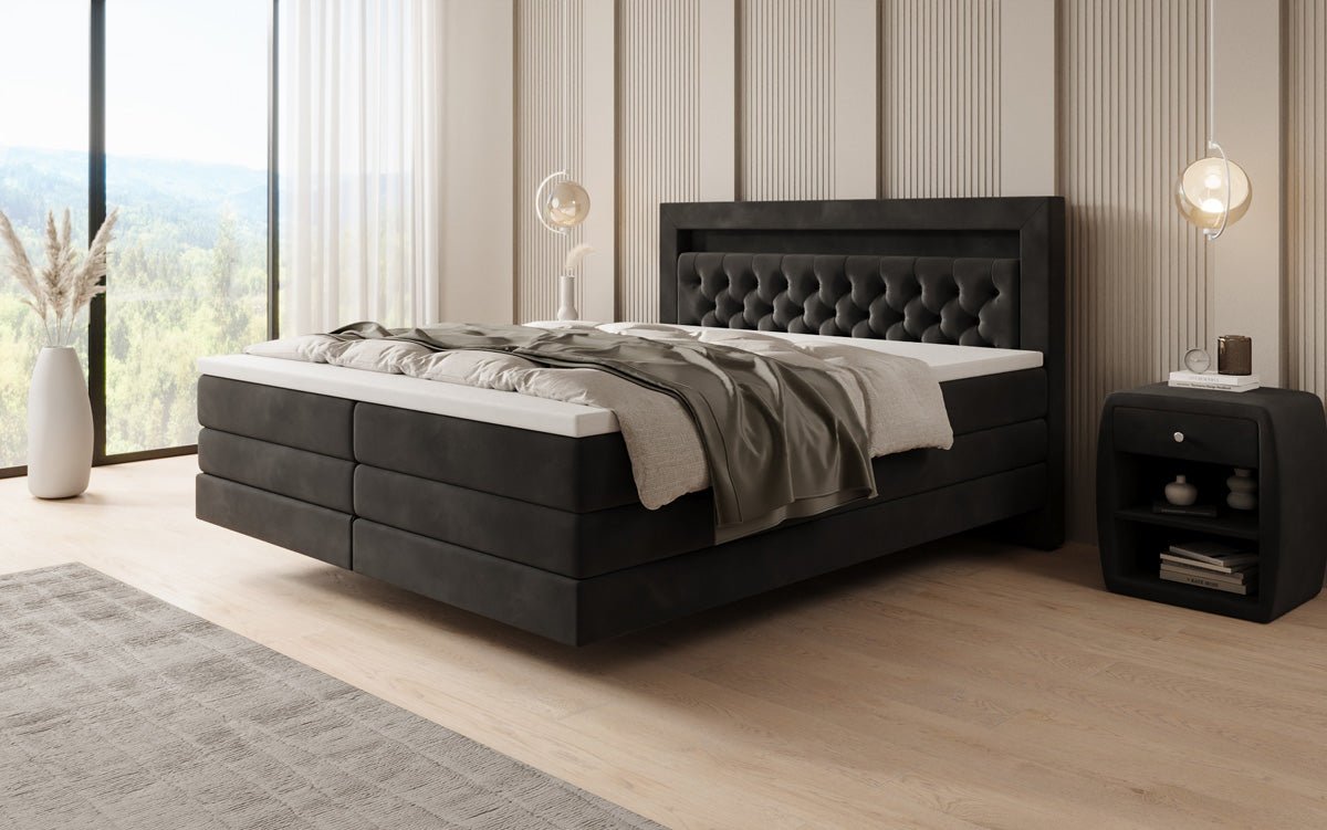 Boxspring posteľ Menzogna s efektom vznášania a LED osvetlením v zamate