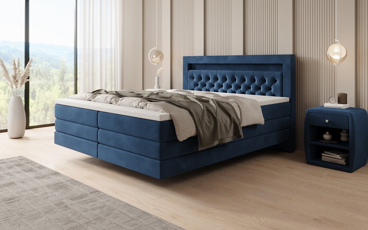 Boxspring posteľ Menzogna s efektom vznášania a LED osvetlením v zamate