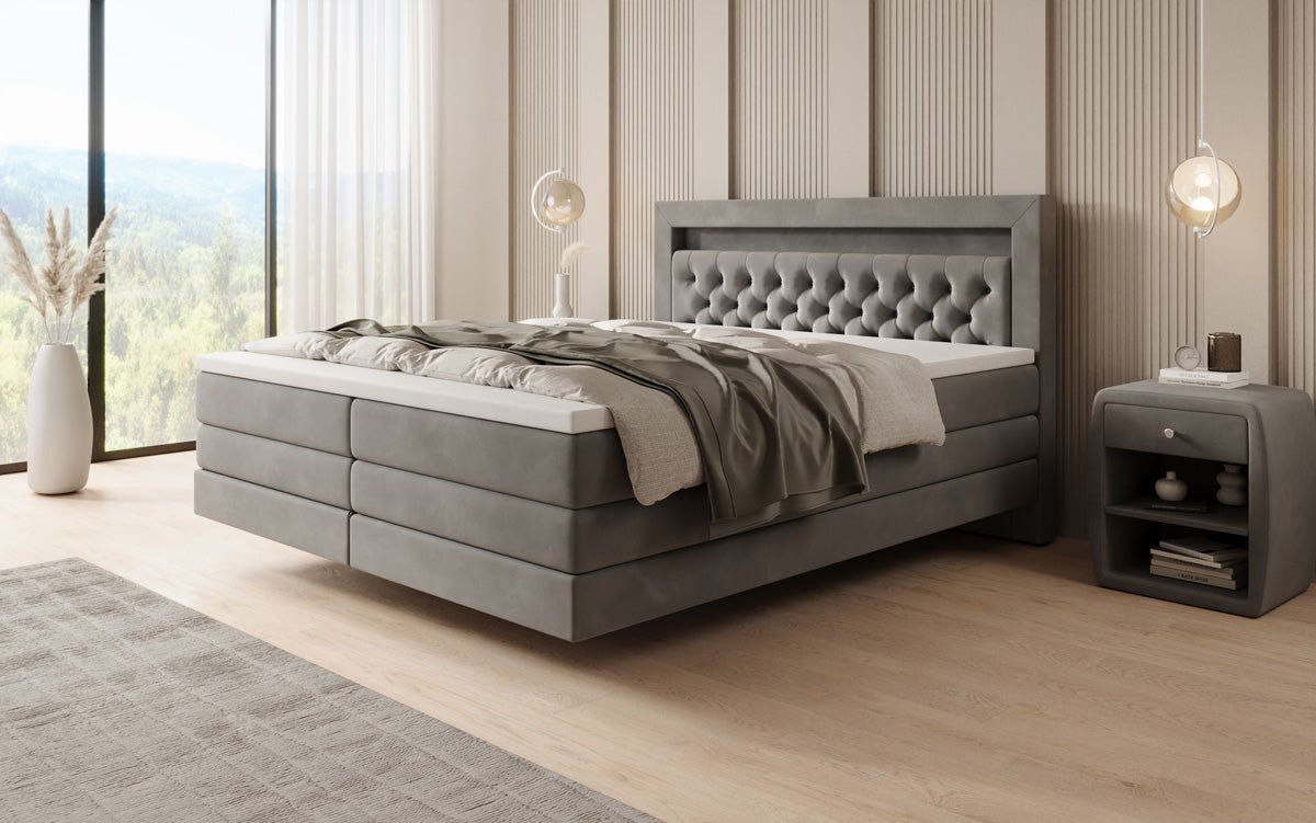 Boxspring posteľ Menzogna s efektom vznášania a LED osvetlením v zamate