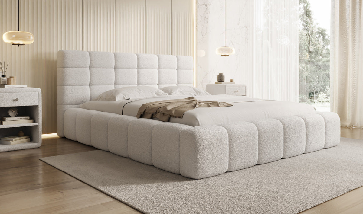 Dizajnová čalúnená posteľ Marshmallow v teddy bouclé s úložným priestorom