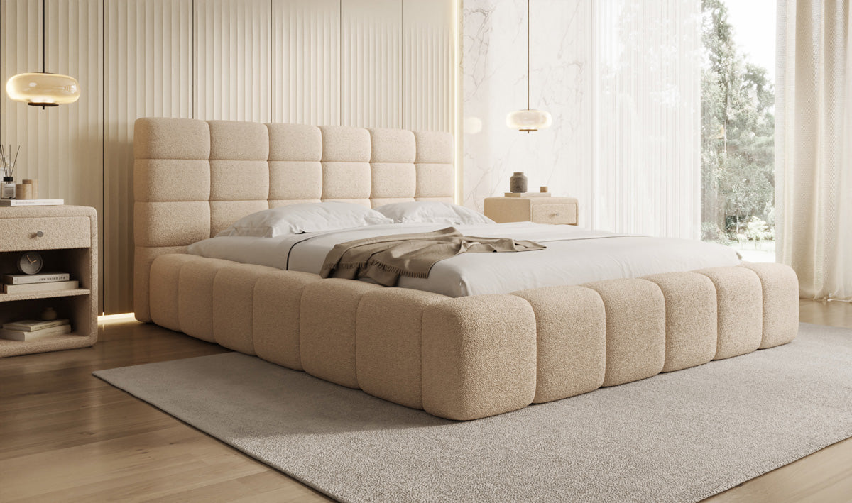 Dizajnová čalúnená posteľ Marshmallow v teddy bouclé s úložným priestorom