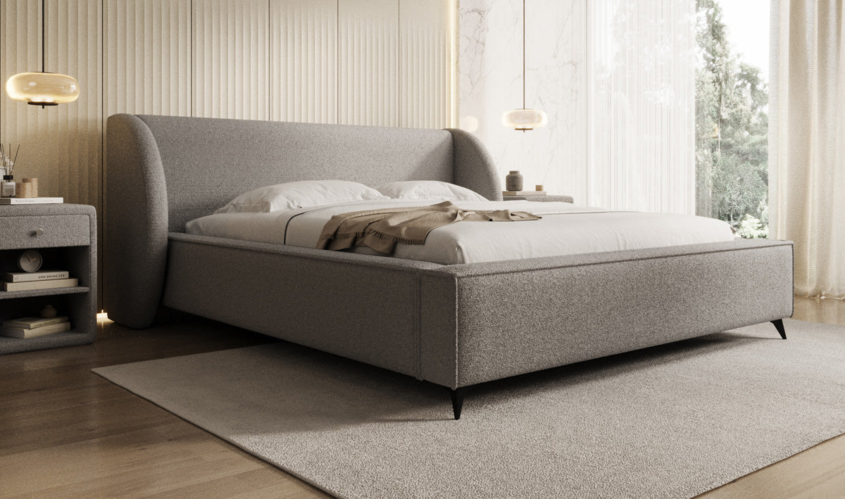 Designer Polsterbett Freya in Teddy Bouclé mit Stauraum