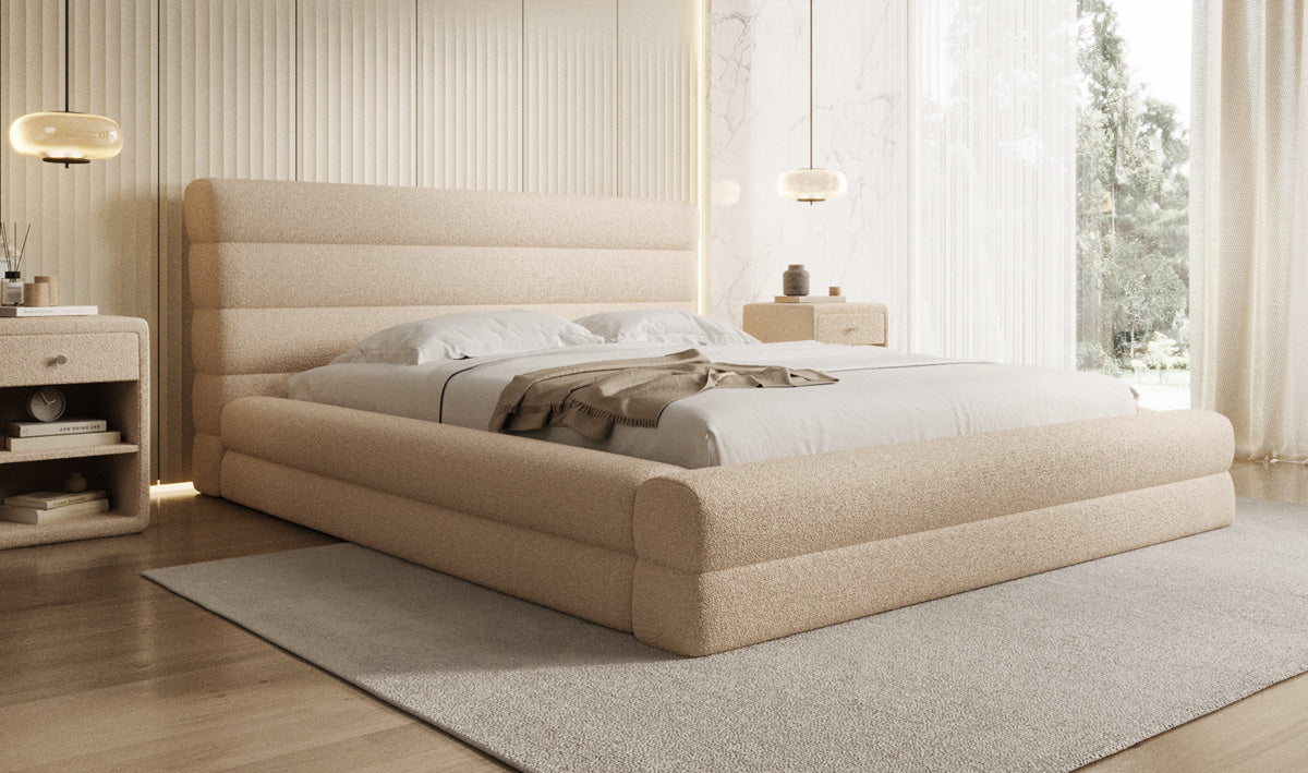 Designer Polsterbett Maren in Teddy Bouclé mit Stauraum