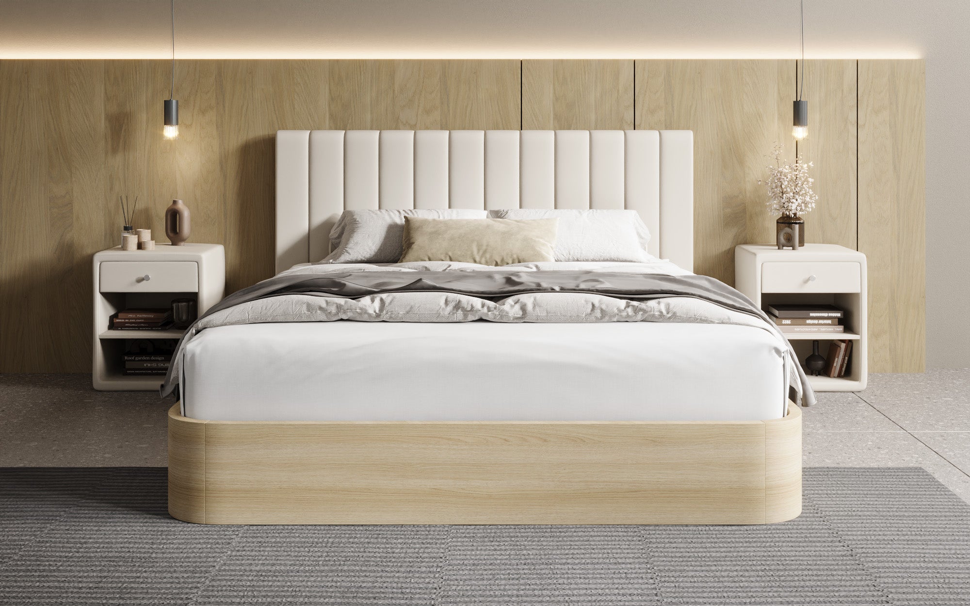Designer Polsterbett Fiore Linea in Stoff mit Stauraum