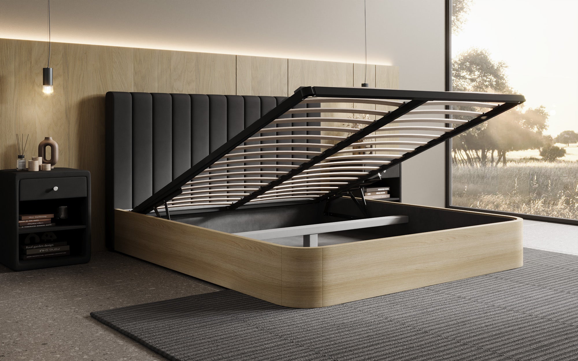 Designer Polsterbett Fiore Linea in Stoff mit Stauraum