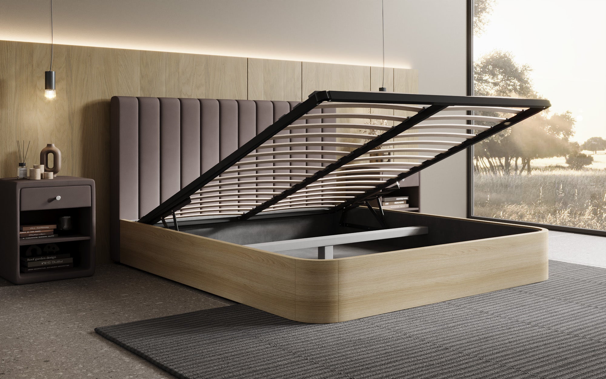 Designer Polsterbett Fiore Linea in Stoff mit Stauraum