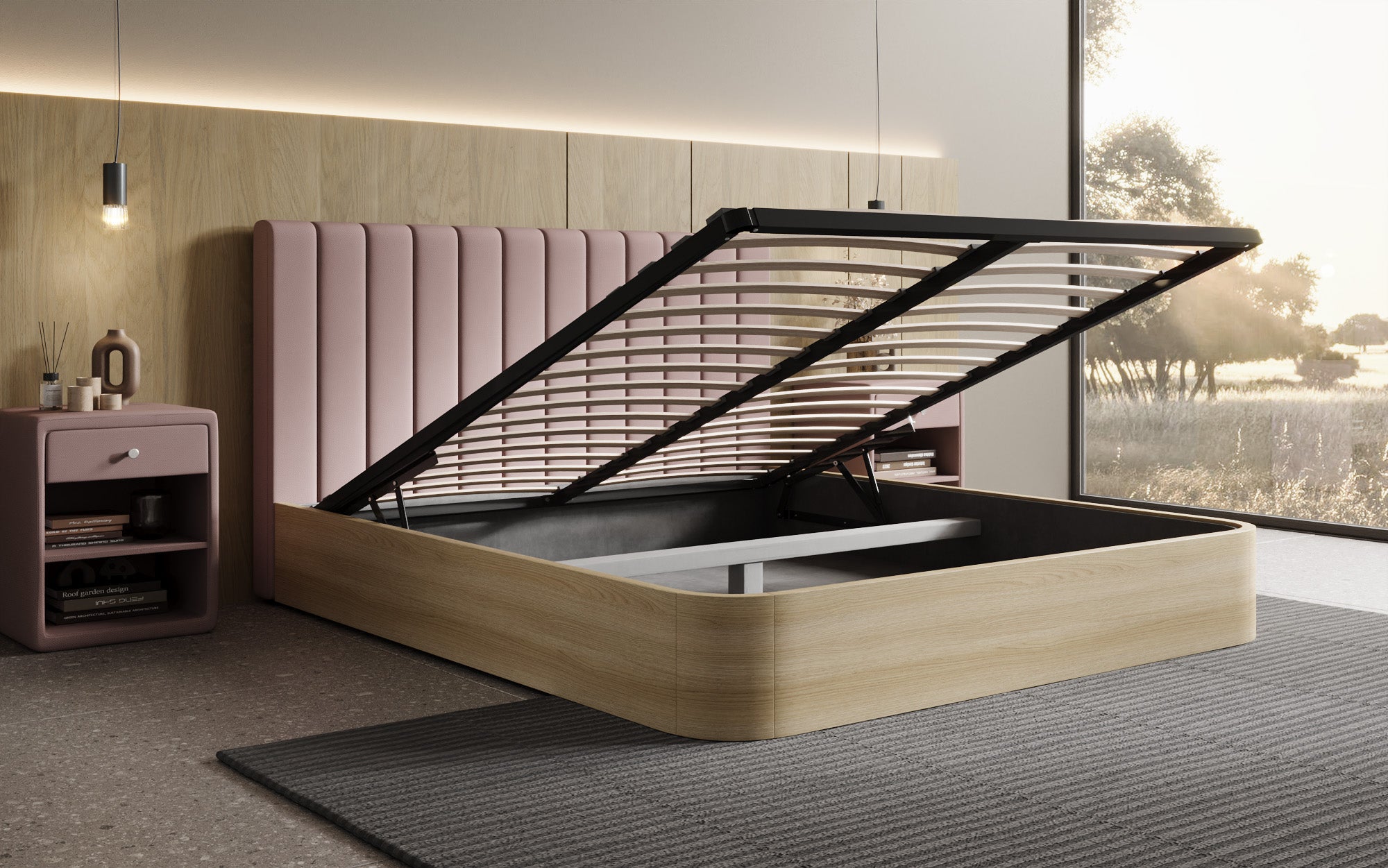 Designer Polsterbett Fiore Linea in Stoff mit Stauraum
