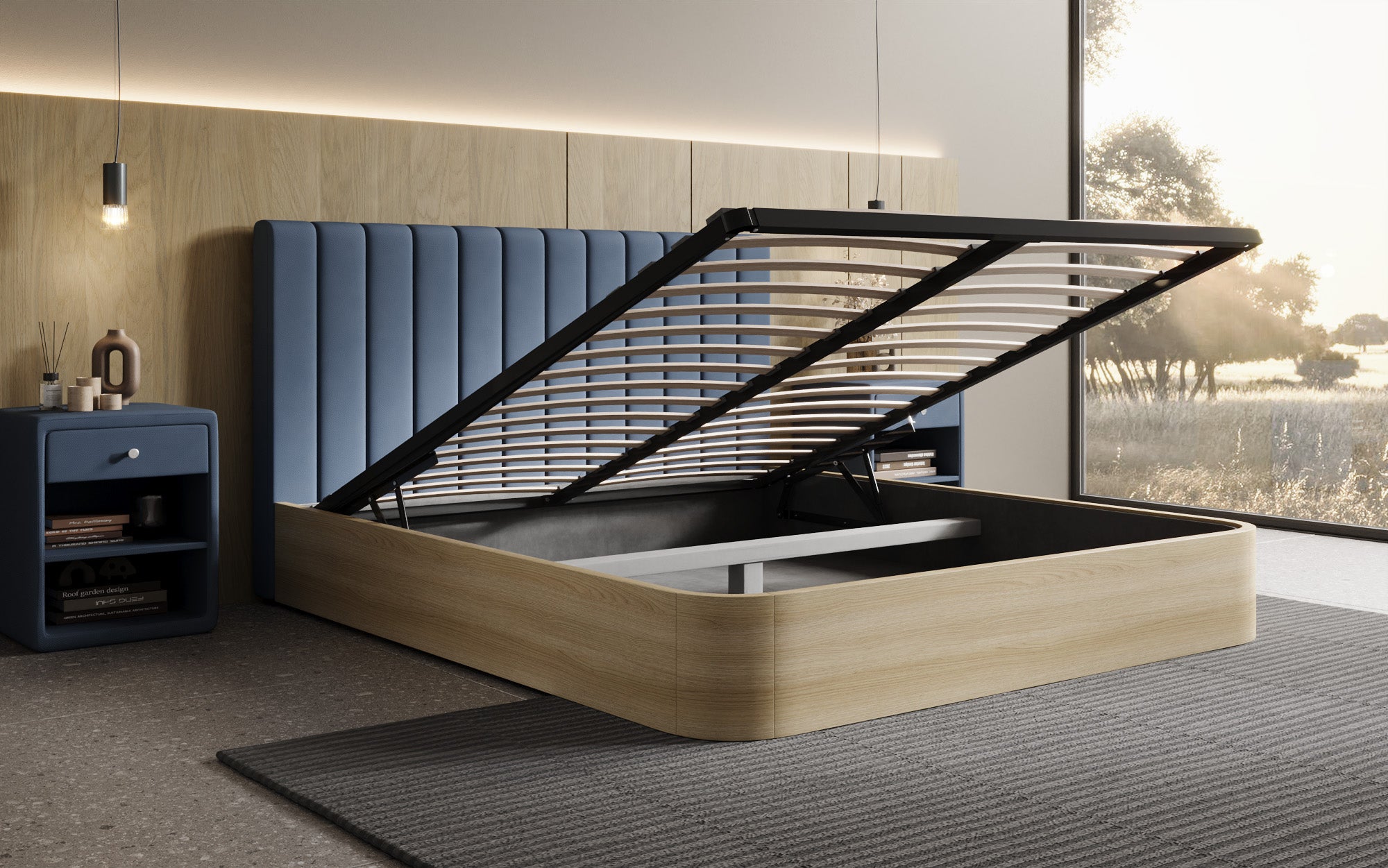 Designer Polsterbett Fiore Linea in Stoff mit Stauraum