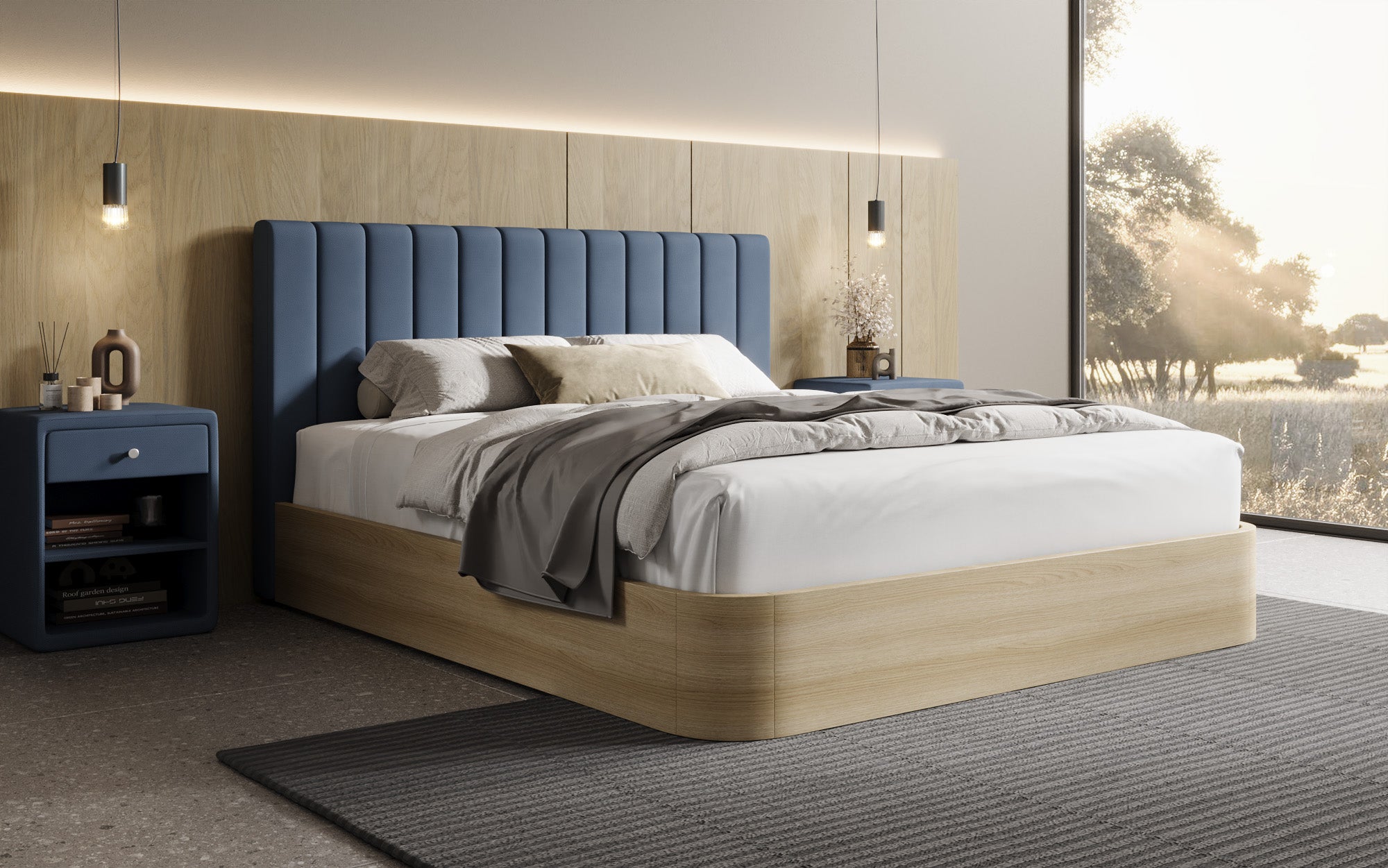 Designer Polsterbett Fiore Linea in Stoff mit Stauraum