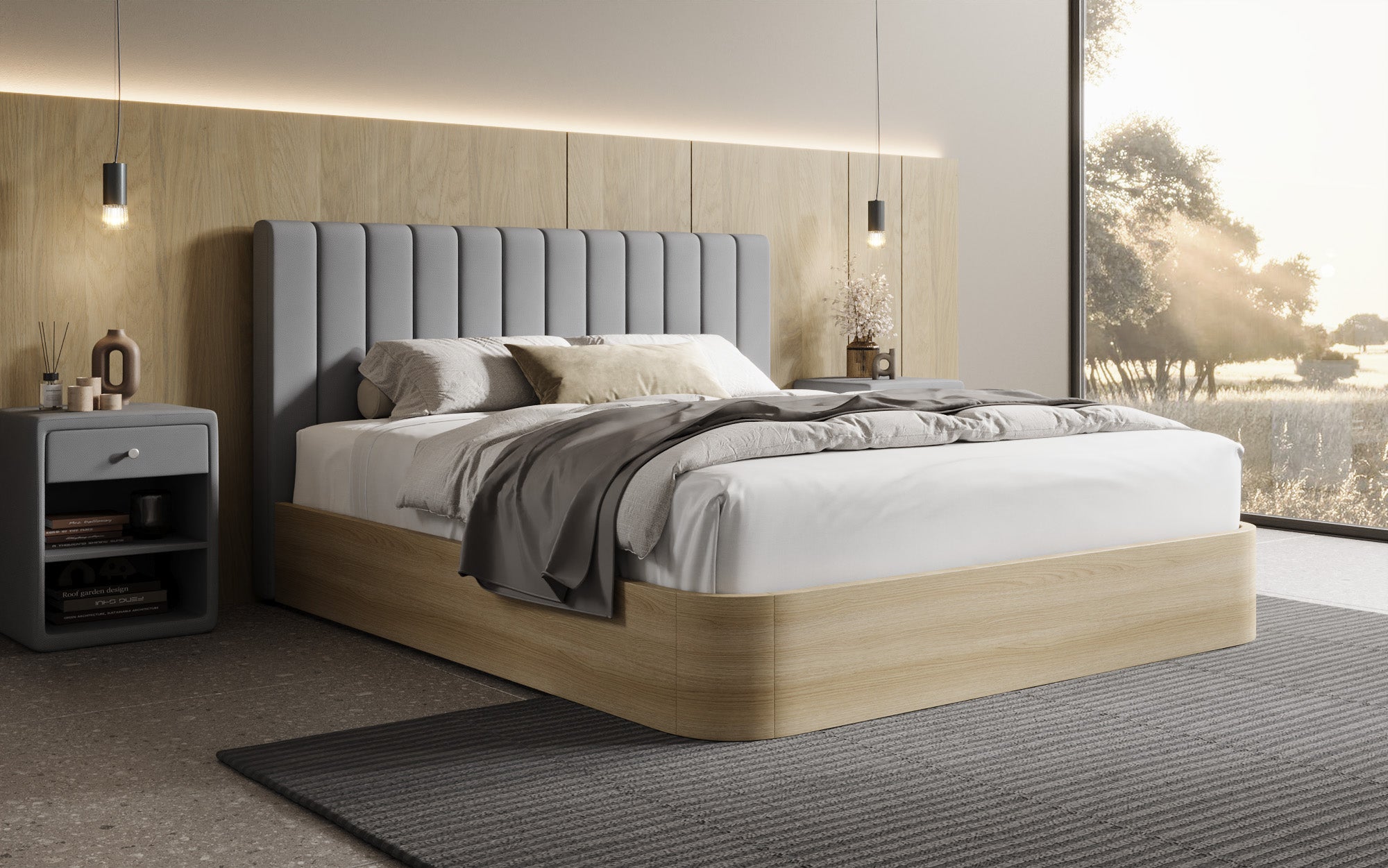Designer Polsterbett Fiore Linea in Stoff mit Stauraum