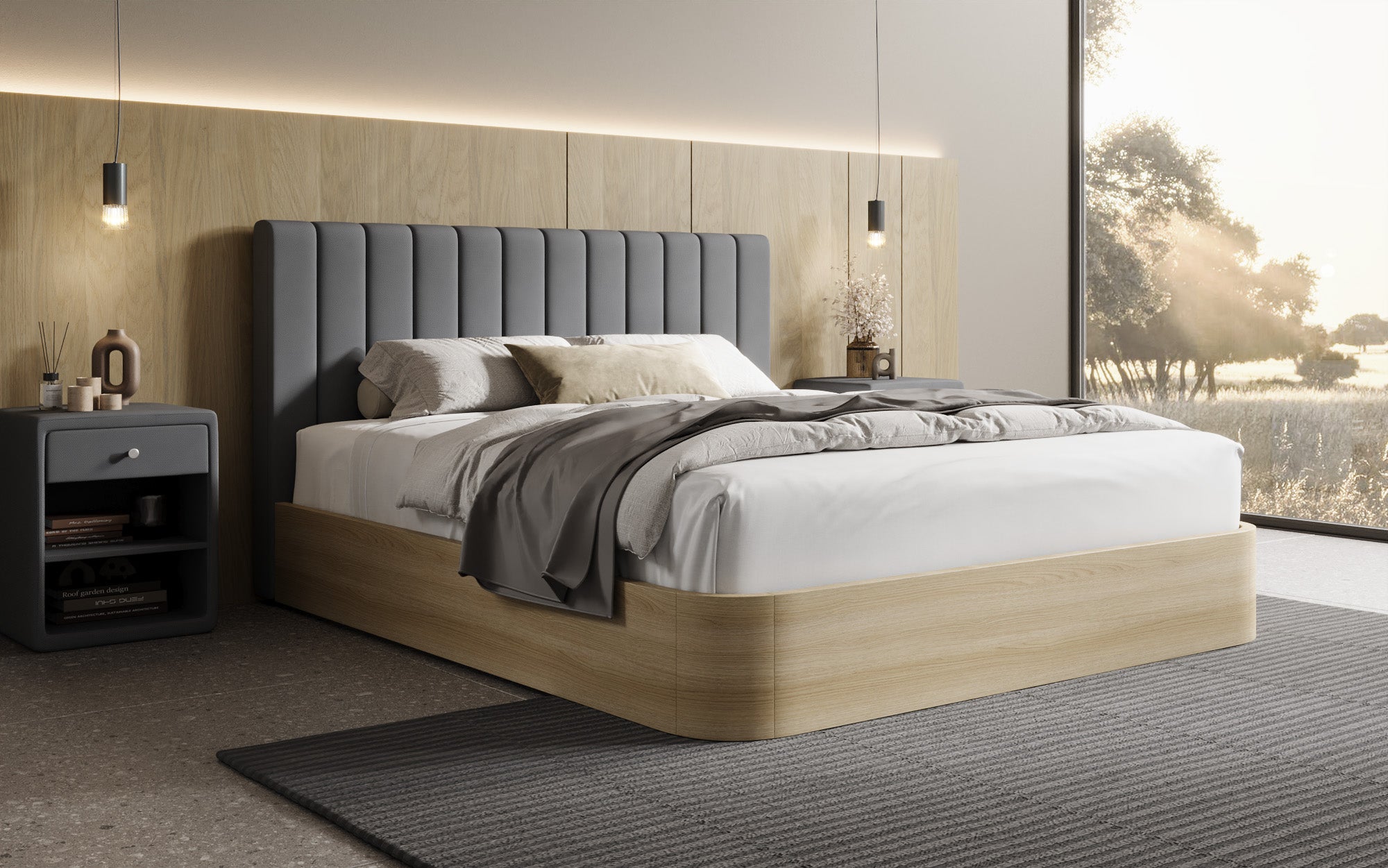 Designer Polsterbett Fiore Linea in Stoff mit Stauraum