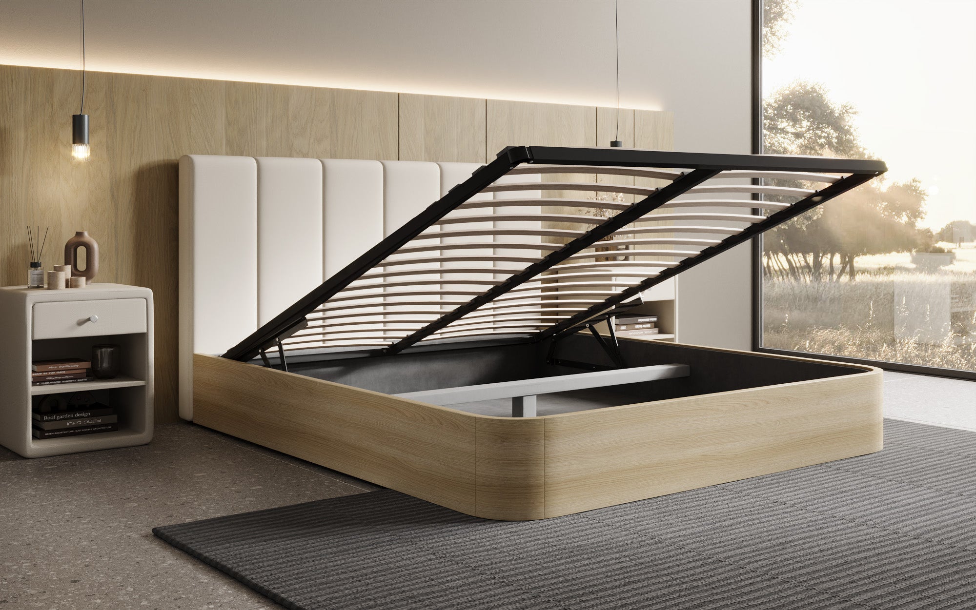 Designer Polsterbett Fiore Piano in Stoff mit Stauraum