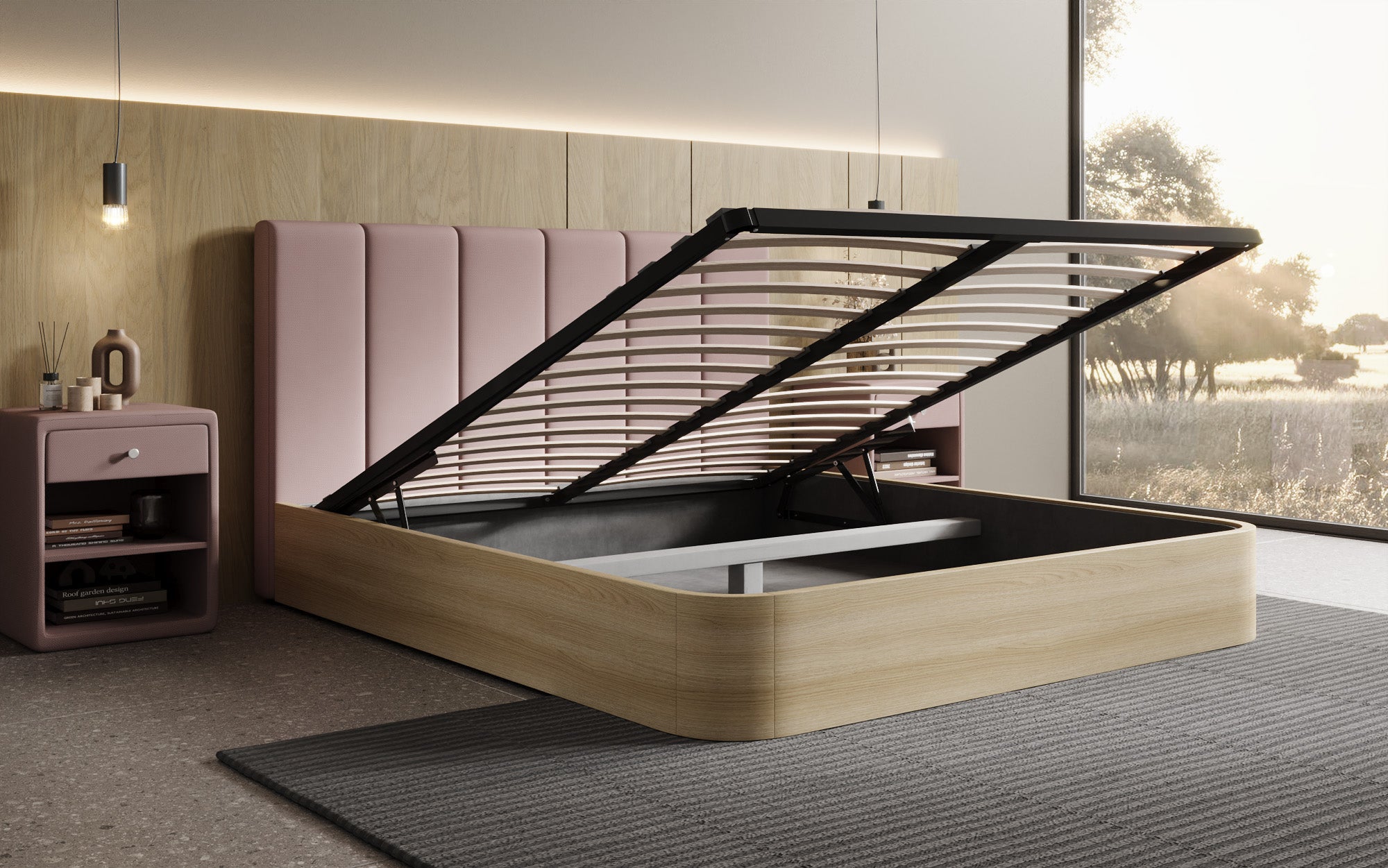 Designer Polsterbett Fiore Piano in Stoff mit Stauraum