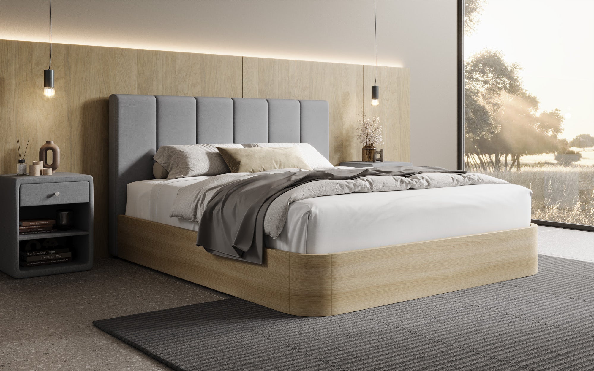 Designer Polsterbett Fiore Piano in Stoff mit Stauraum