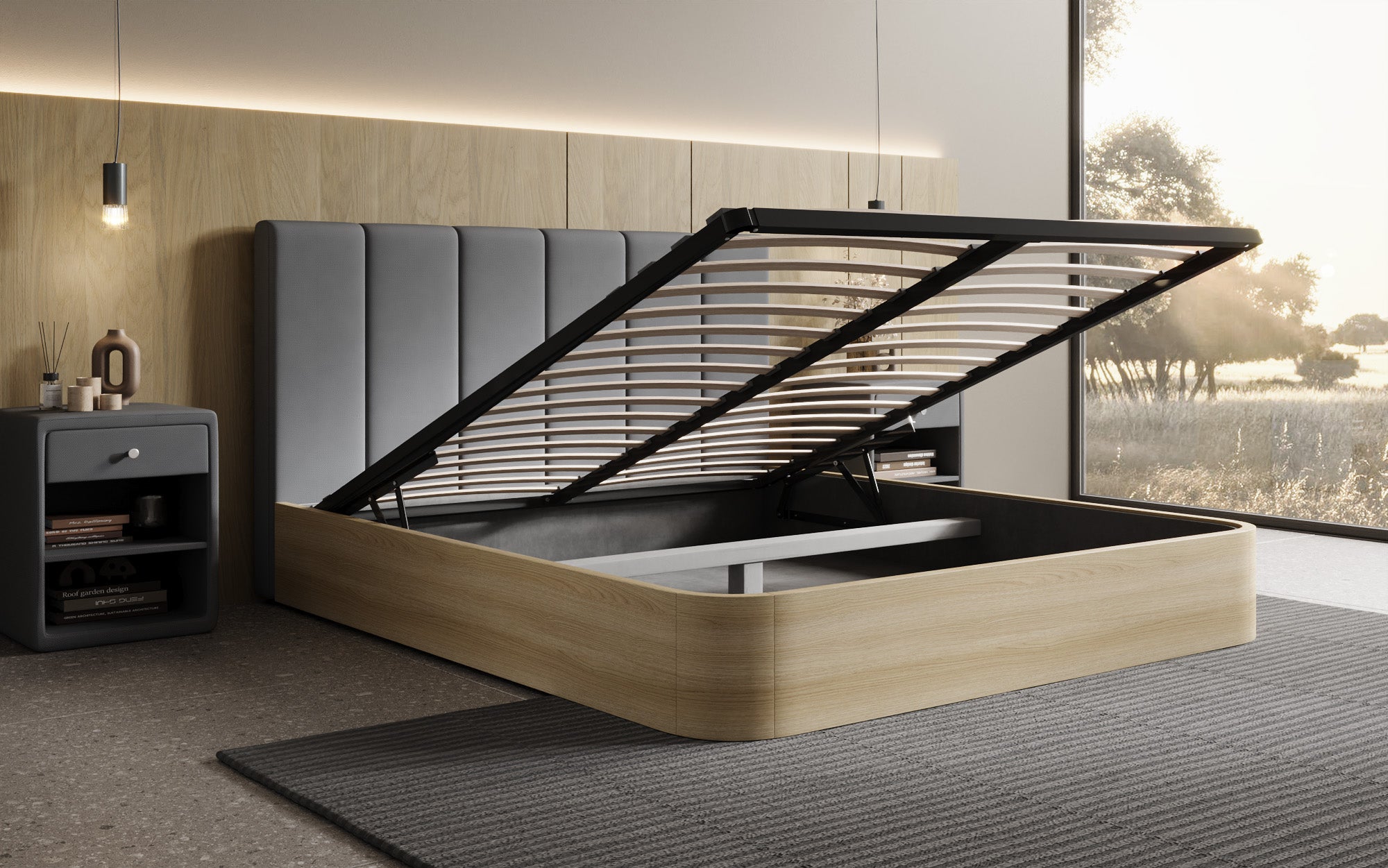 Designer Polsterbett Fiore Piano in Stoff mit Stauraum