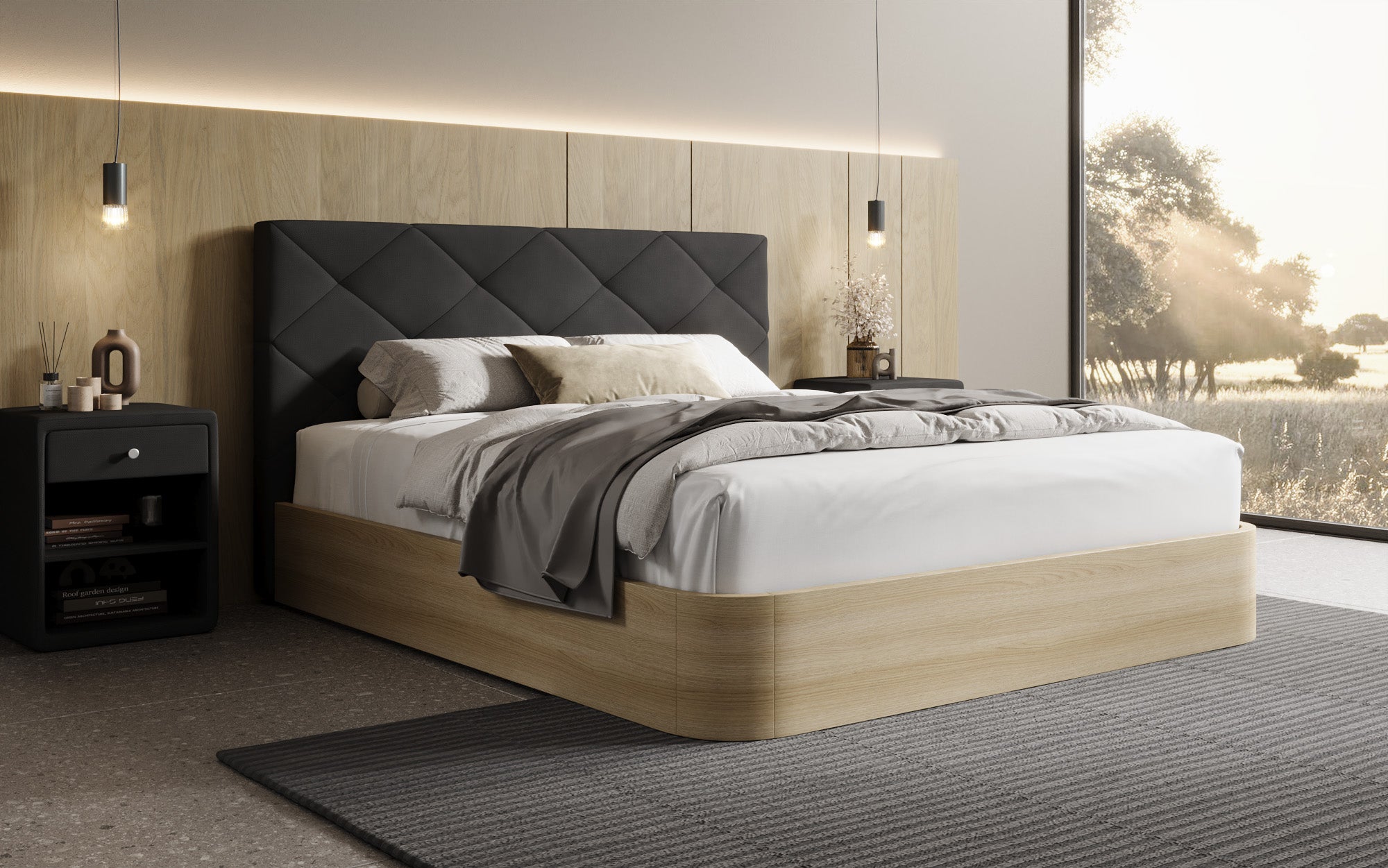 Designer Polsterbett Fiore Caro in Stoff mit Stauraum