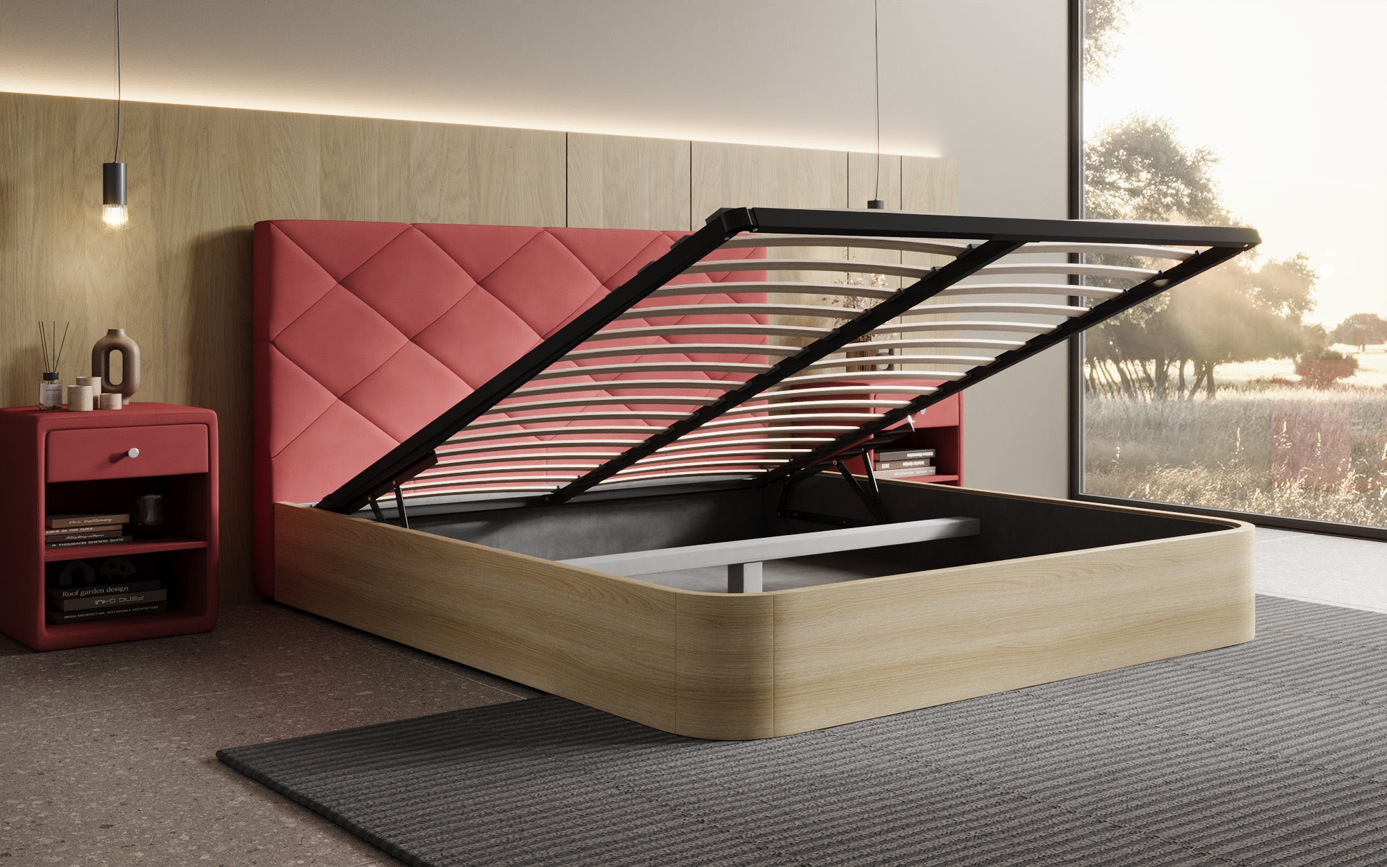 Designer Polsterbett Fiore Caro in Stoff mit Stauraum